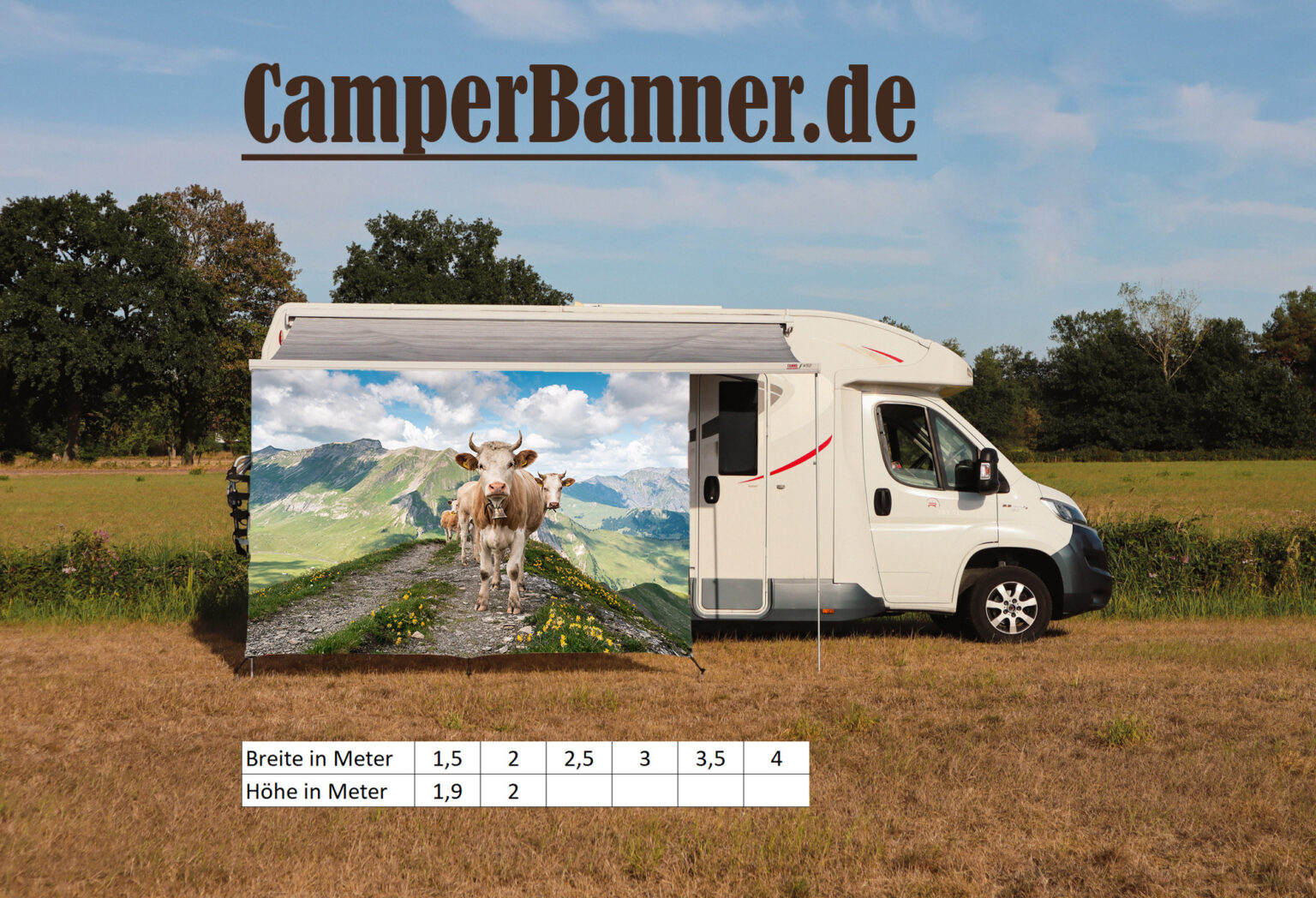 Wohnmobil Banner Markise Sonnenschutz Staunende Kuh auf dem Berg